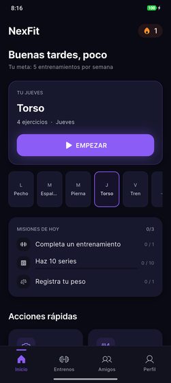 Pantalla de inicio de NexFit